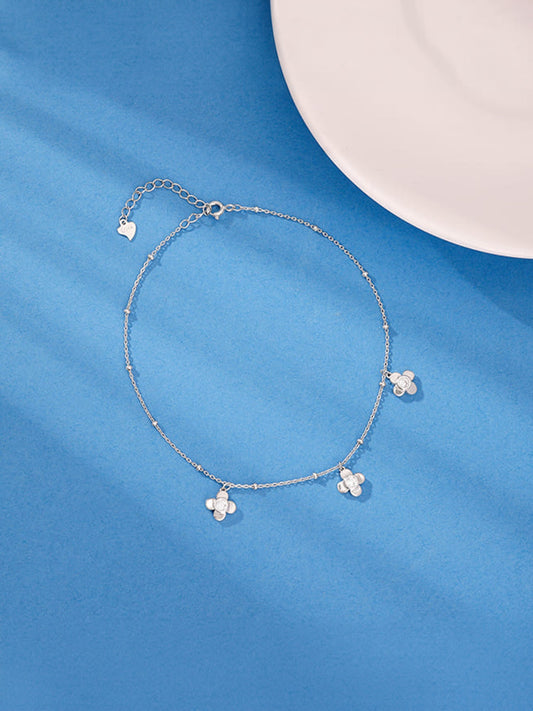 Silver Zircon Clover Charm Anklet