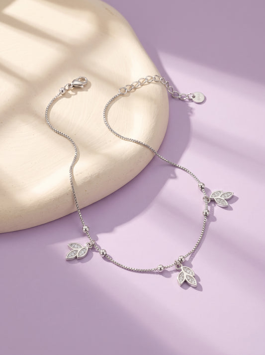Silver Dangling Triple Leaf Charm Anklet