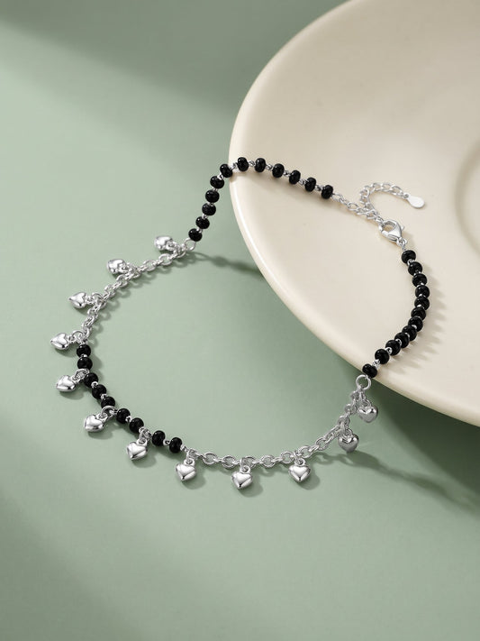 Silver Hearts & Black Beads Anklet