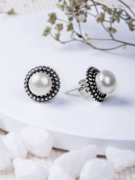 Oxidised Silver Pearl Stud Earrings