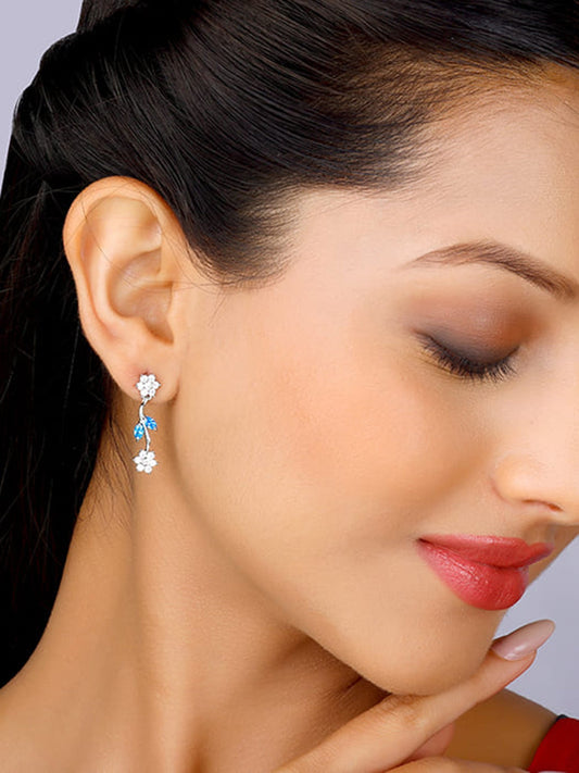 Silver Aqua Blue Floral Earrings