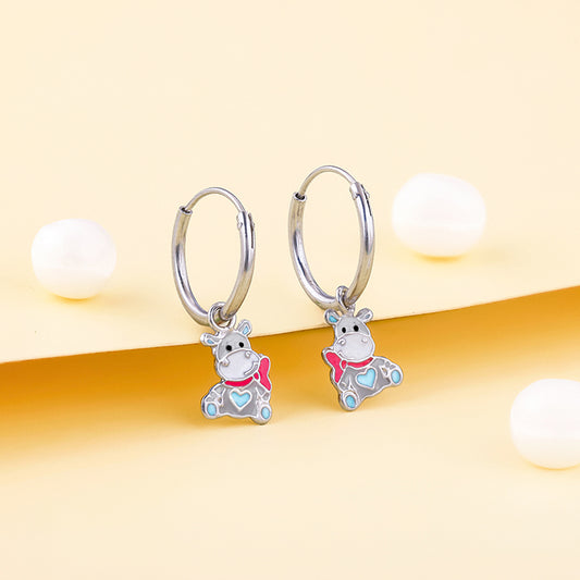 Silver Playful Hippo Kids Hoop Earrings (4-12 yrs)