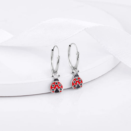 Silver Curious Ladybug Kids Hoop Earrings (4-12 yrs)