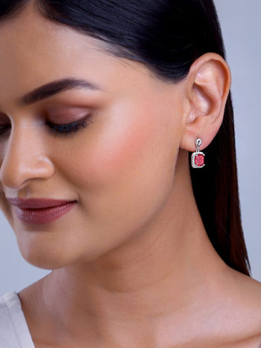 Silver Pink Square Earrings