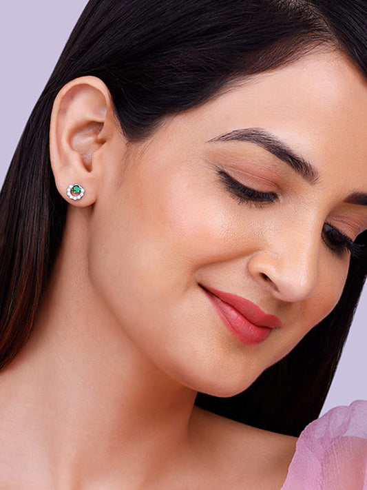 Silver Emerald Green Halo Stud Earrings