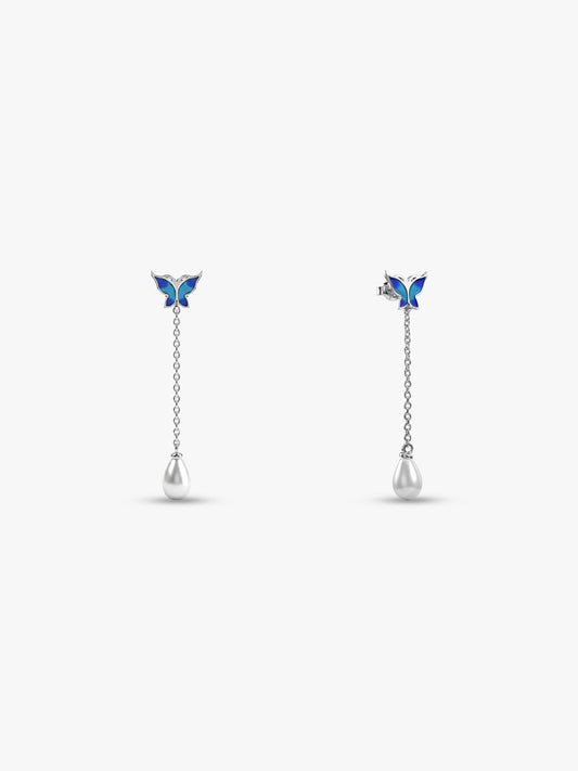 Silver Butterfly Pearl Dangle Earrings
