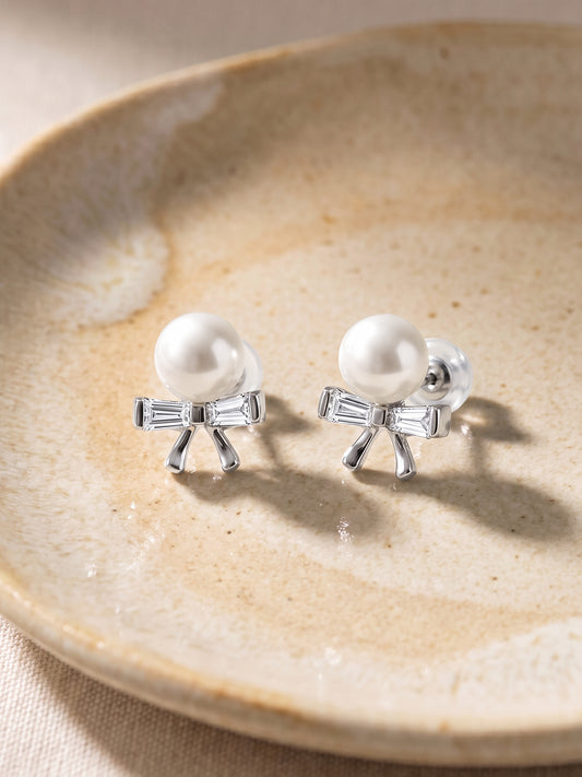 Silver Pearl Bownot Stud Earrings
