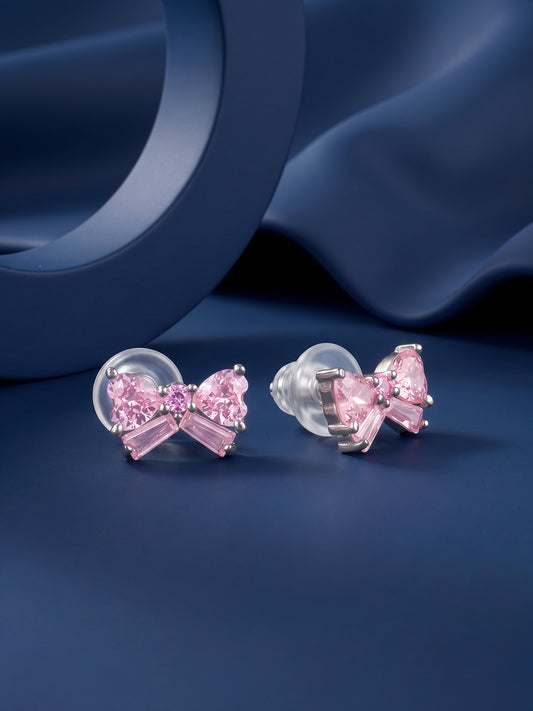 Silver Pink Bow Stud Earrings