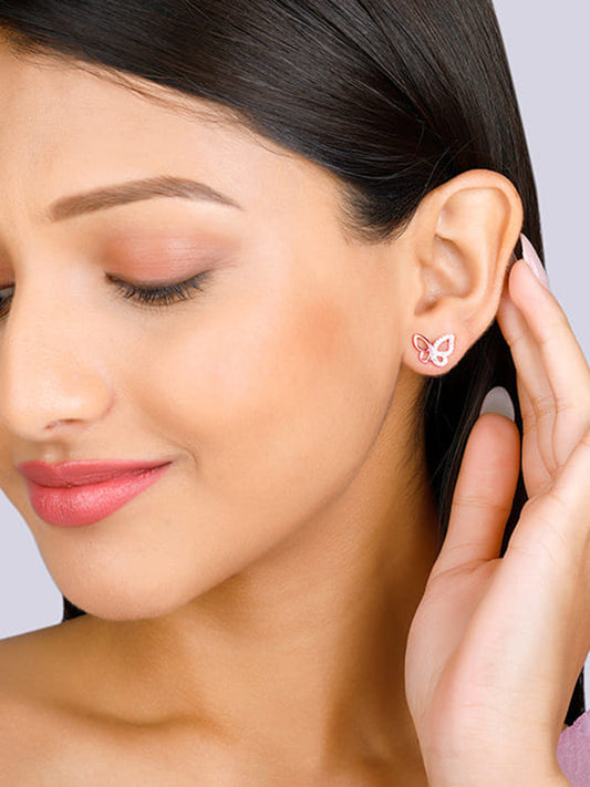 Rose Gold Zircon-Studded Butterfly Earrings