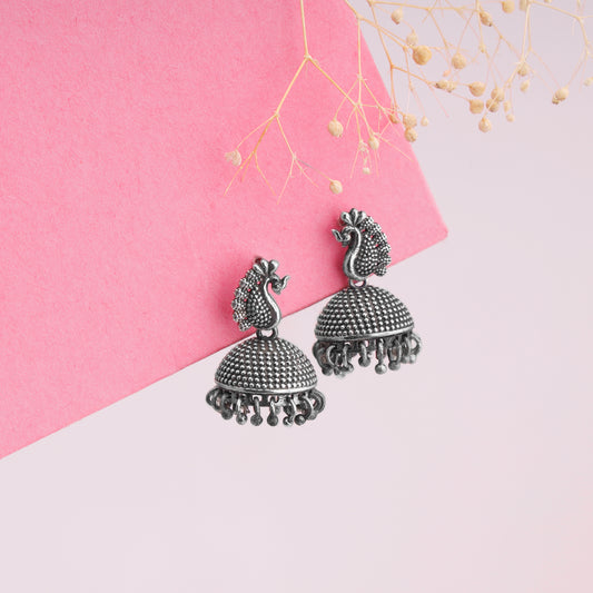 Oxidised Silver Peacock Jhumka Earrings