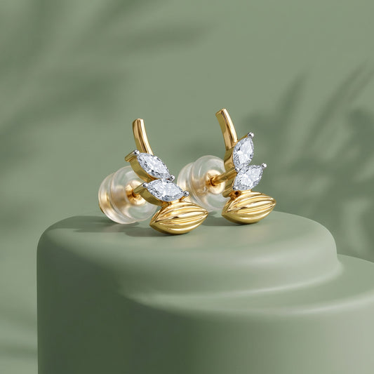 Gold Shinny Feather Lab Grown Diamond Earrings