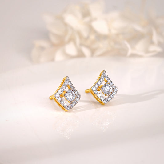 Gold Diamond-Shaped Earrings with Floral Cluster.
