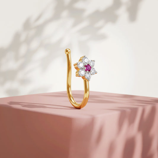 Gold Sakura Lab Grown Diamond Nose Pin (Clip On)