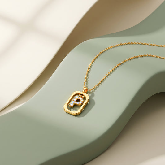 Gold Lab Grown Diamond Framed P Initial Pendant (9k)