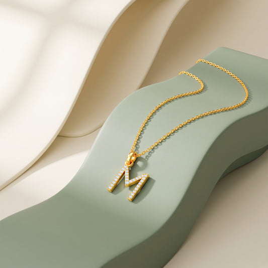 Gold Lab Grown Diamond Studded M Initial Pendant (9k)
