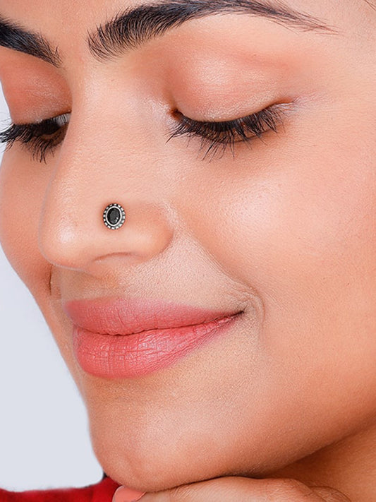 Oxidised Black Oval Stone Nose Pin