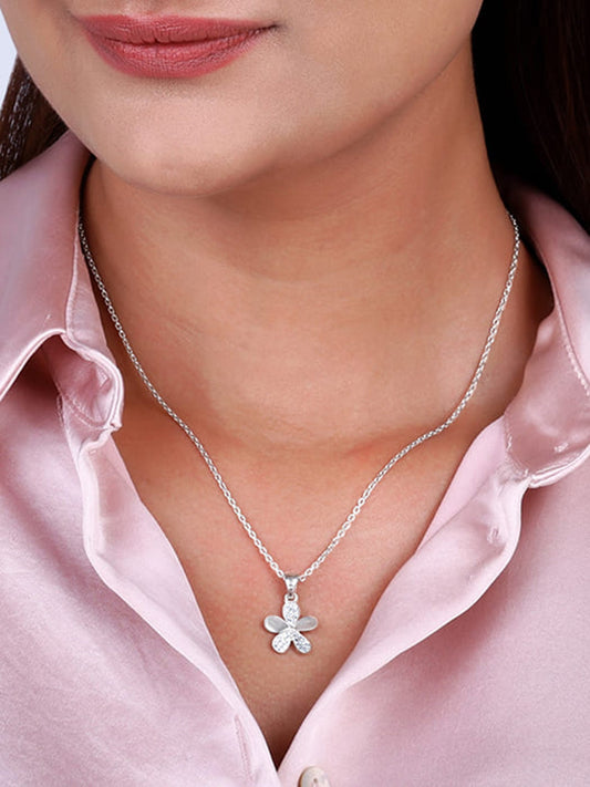 Silver Flower Pendant With Link Chain