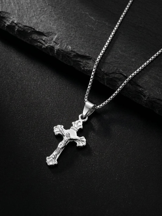 Silver Striped Cross Pendant with Box Chain For Him