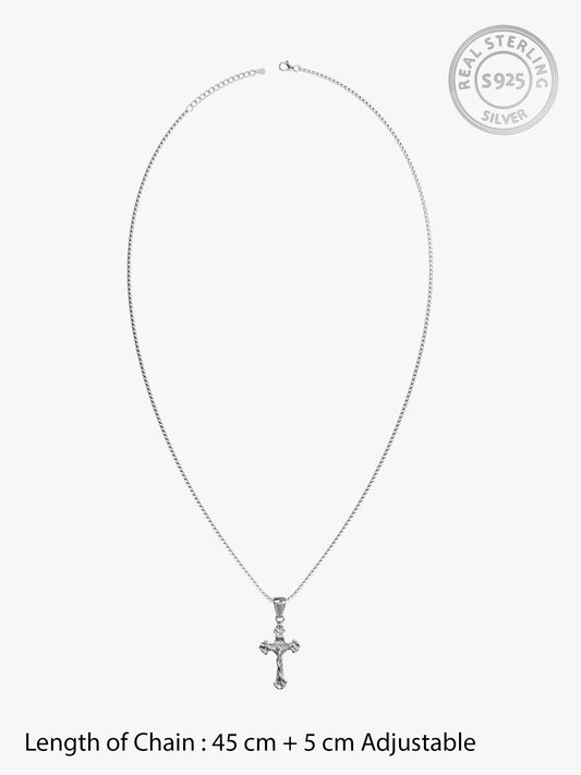 Silver Striped Cross Pendant with Box Chain For Him