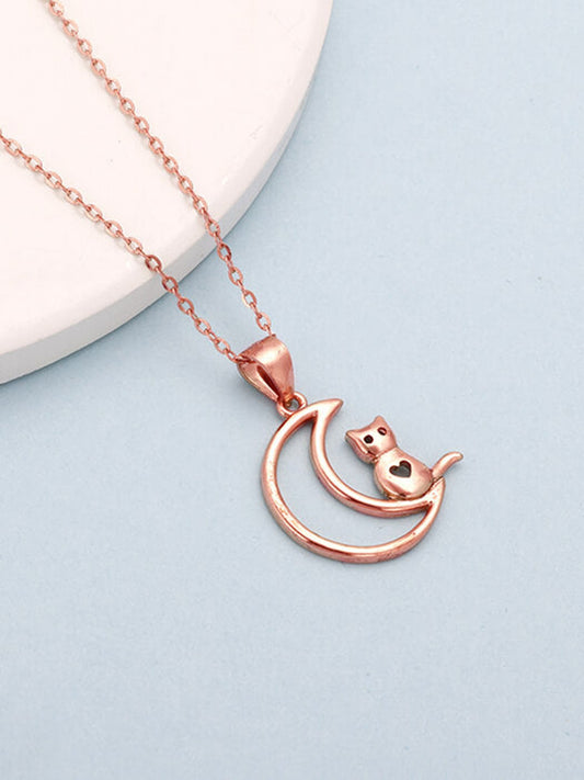 Rose Gold Cat In Crescent Moon Pendant with Link Chain