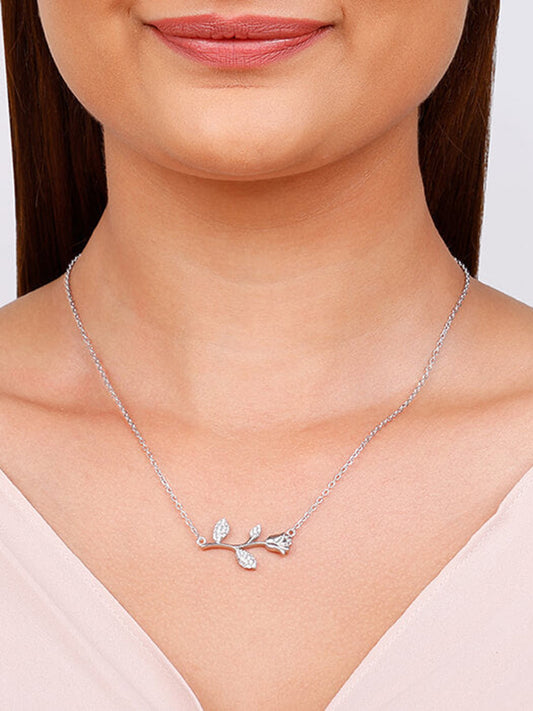 Silver Zircon Studded Rose Necklace