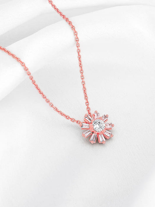 Rose Gold Baguette Flower Pendant with Link Chain