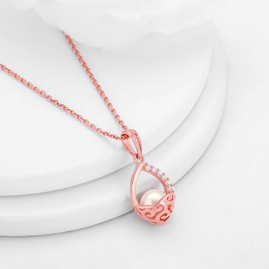 Rose Gold Pearl Basket Pendant With Link Chain