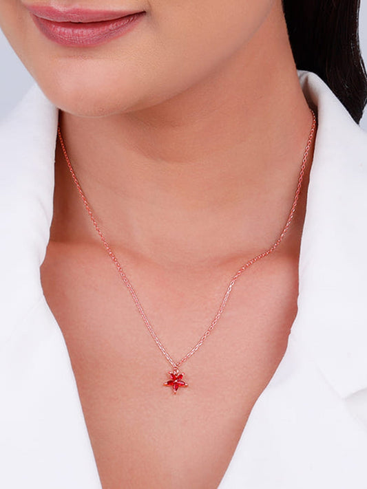 Rose Gold Floral Red Pendant with Link Chain