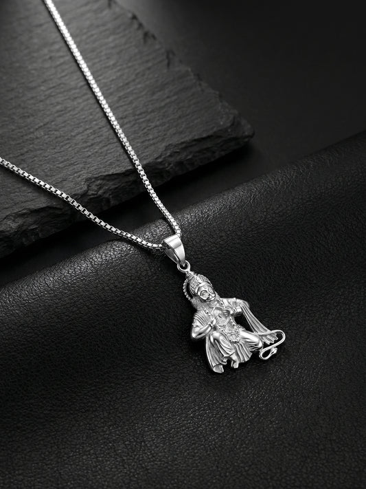 Silver Bhakta Hanuman Pendant with Box Chain For Him