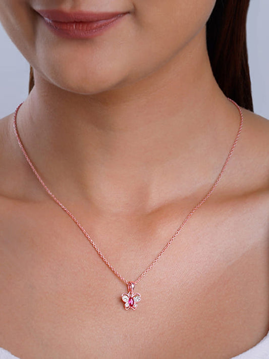 Rose Gold Pop Pink Studded Butterfly Pendant With Link Chain