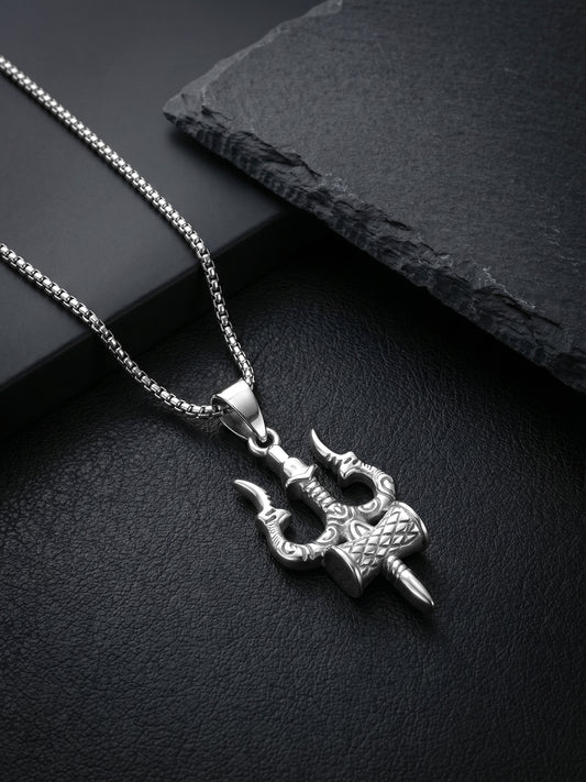 Silver Trishula Pendant with Box Chain For Him
