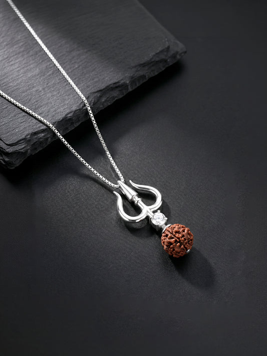Silver Trishul And Rudraksha Pendant With Box Chain for Him