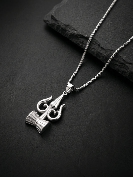 Silver Trishul And Damru Pendant With Box Chain For Him