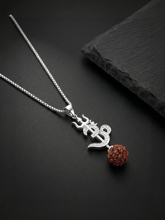 Silver Om Trishul Rudraksha Pendant With Box Chain For Him
