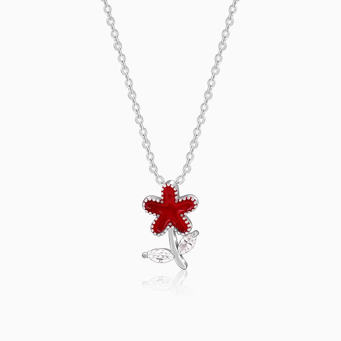 Silver Red Flower Kids Pendant With Link Chain
