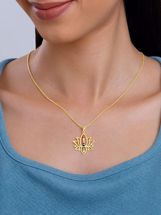 Golden Navratna Kamal Pendant With Link Chain