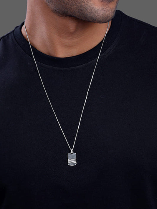 Oxidised Silver Modern Rectangular Pendant With Box Chain