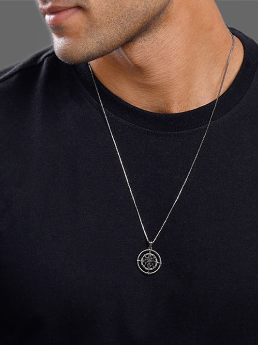 Black Rhodium Vintage Compass Pendant With Box Chain For Him