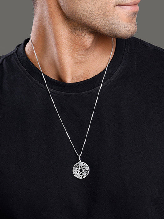 Oxidised Silver Star Pendant With Box Chain For Him