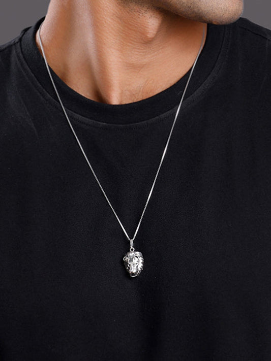 Oxidised Silver Lion Pendant With Box Chain For Him