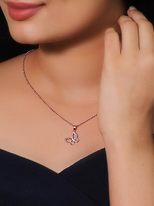 Rose Gold Zircon-Studded Butterfly Pendant With Link Chain