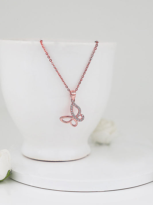 Rose Gold Zircon-Studded Butterfly Pendant With Link Chain