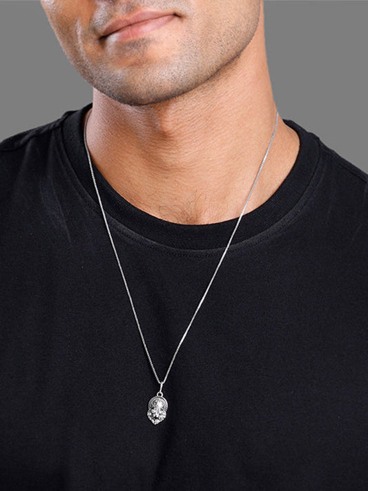 Oxidised Silver Narasimha Crown Pendant With Box Chain For Him