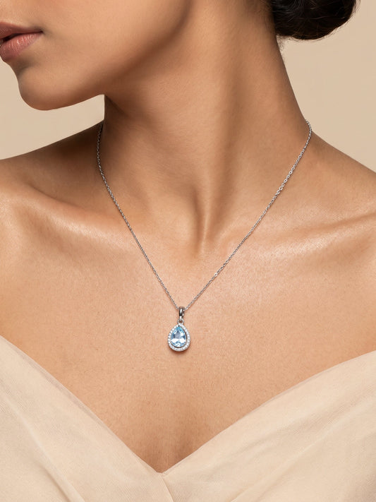 Silver Blue Topaz Pendant With Link Chain