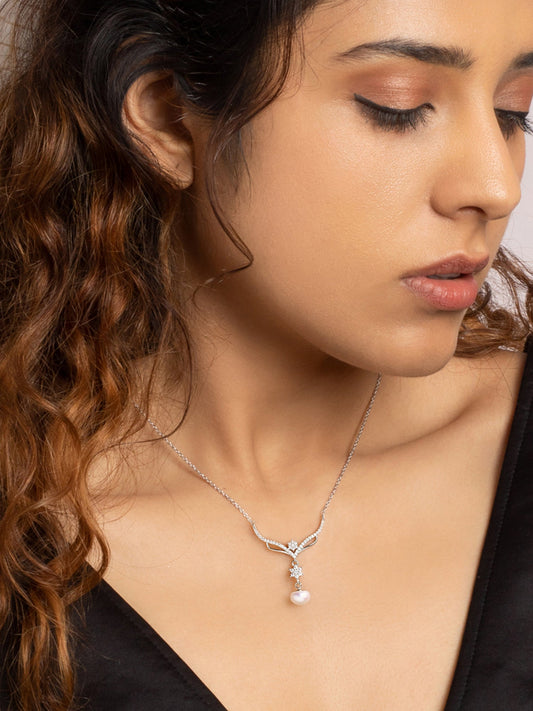 Silver Floral Studded Pearl Necklace
