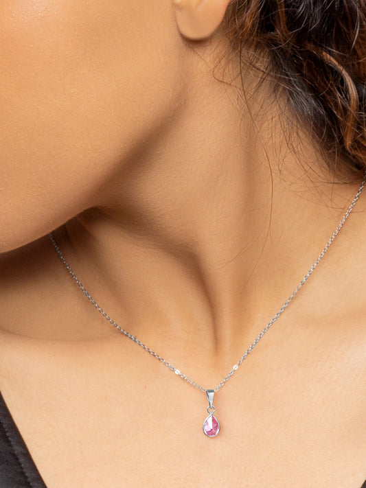 Silver Pink Drop Pendant With Link Chain