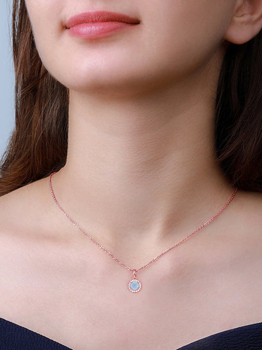 Rose Gold Blue Halo Pendant With Link Chain