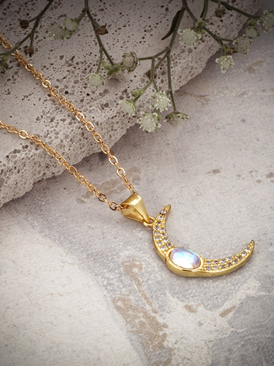 Golden Zircon Moon Pendant With Link Chain