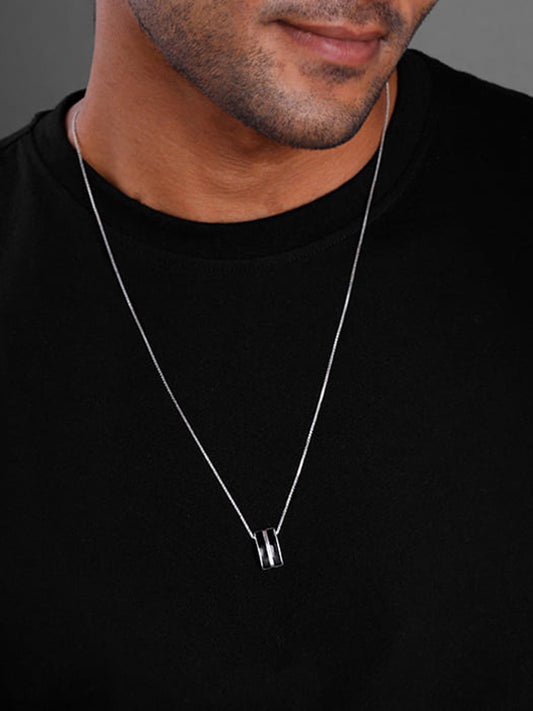 Silver Bold Black Pendant With Box Chain For Him