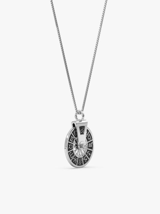 Oxidised Silver Zodiac Spin Pendant With Box Chain For Him